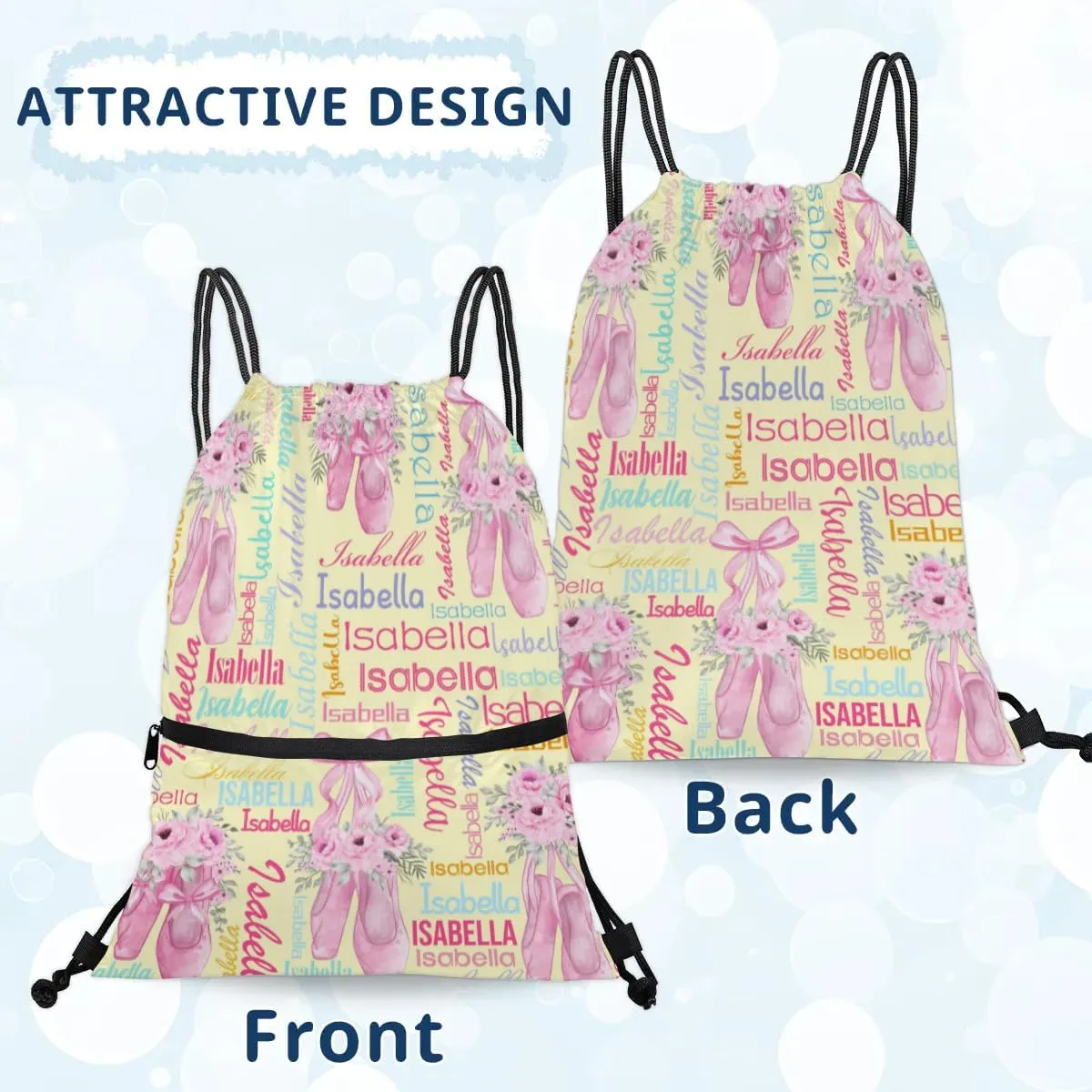 Personalized Drawstring Backpack Dance Bag Gymnastics Bag for Girl, Custom Sport Sackpack String Gym Bag Weekender Bags for Boy Ballet Shoes Yellow