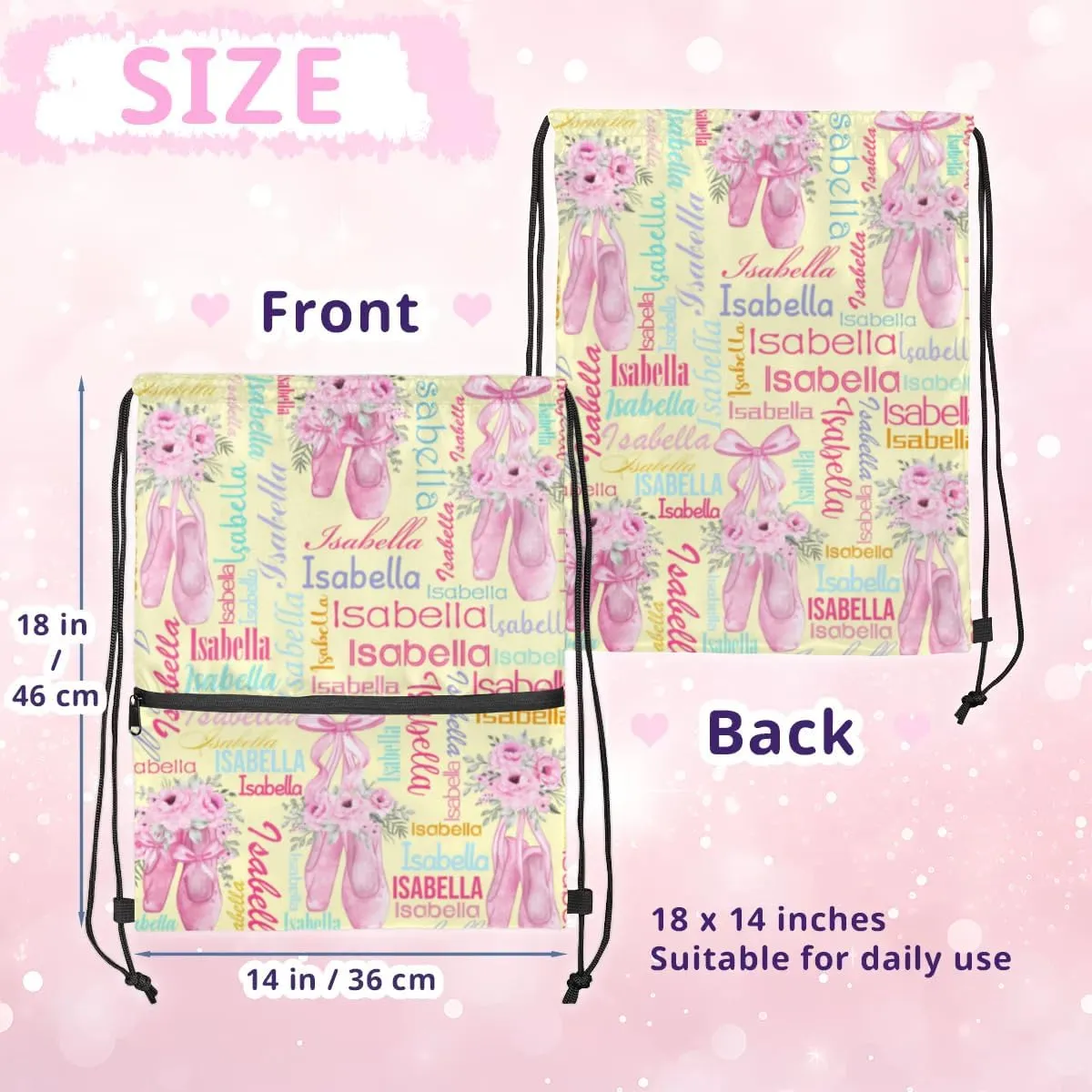 Personalized Drawstring Backpack Dance Bag Gymnastics Bag for Girl, Custom Sport Sackpack String Gym Bag Weekender Bags for Boy Ballet Shoes Yellow