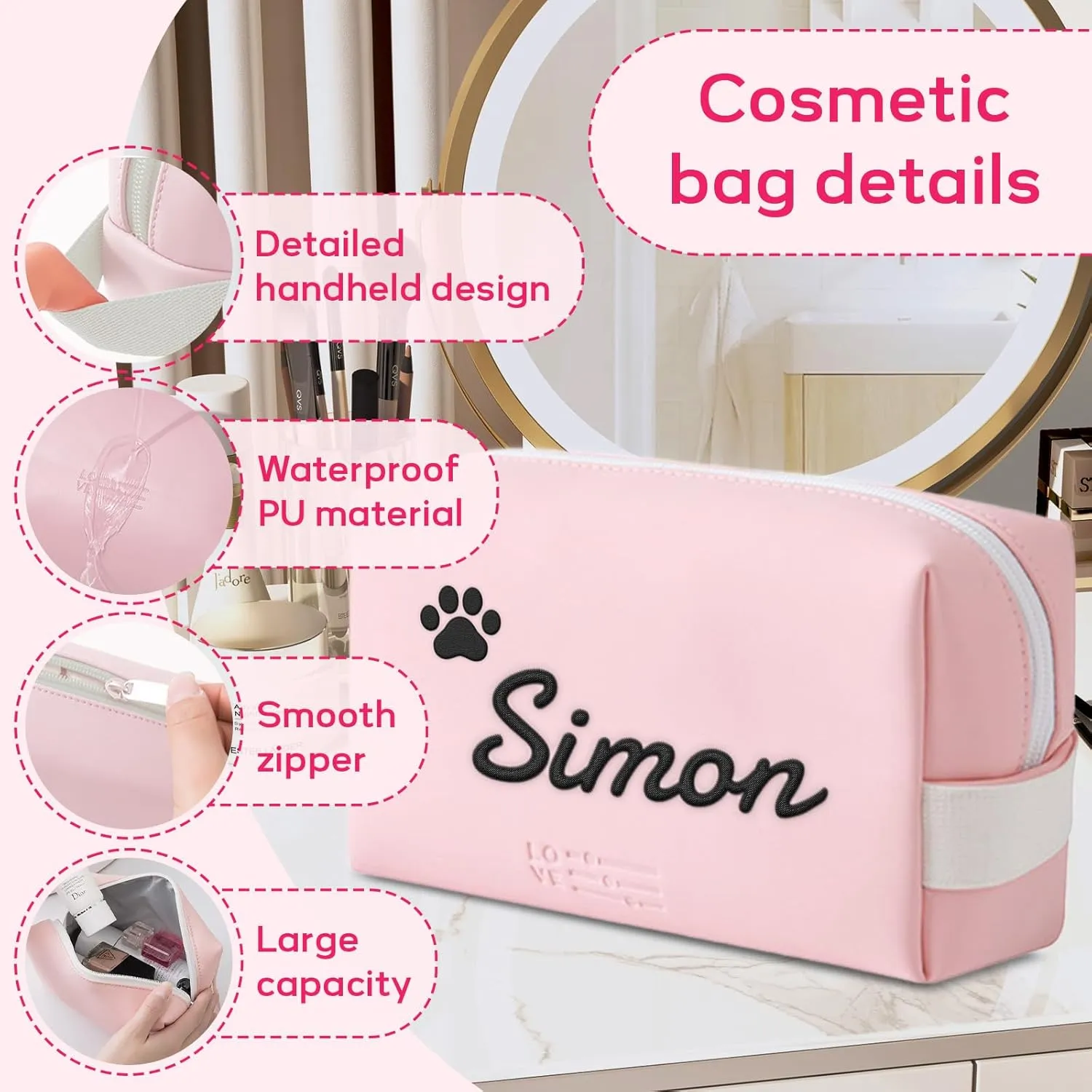 Personalized Makeup Bag, Custom Cosmetic Bag with Embroidered Name PU Leather Travel Organizer Toiletry Bag Make Up Bags, Gift for Bridesmaid Bride Wedding (Pink)