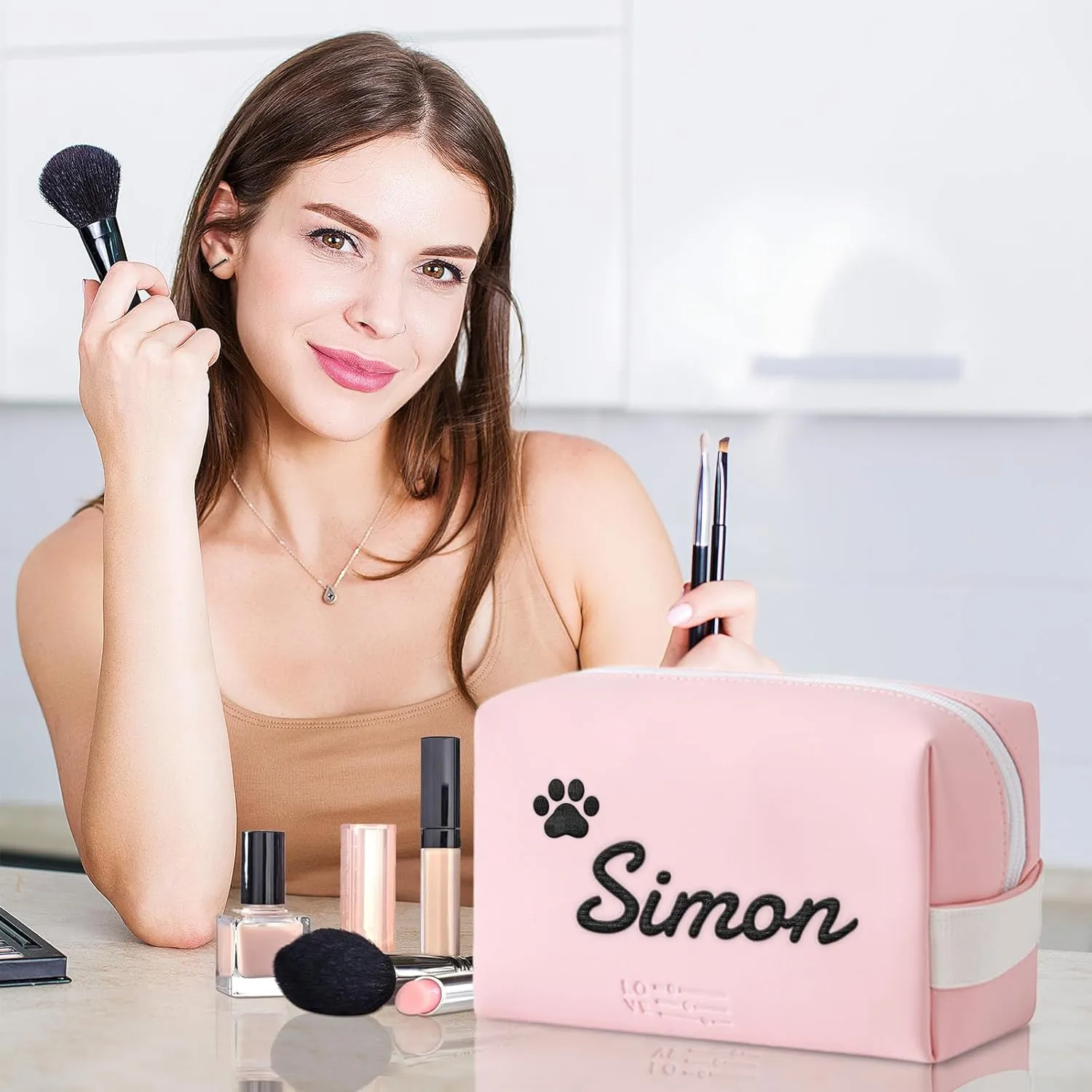 Personalized Makeup Bag, Custom Cosmetic Bag with Embroidered Name PU Leather Travel Organizer Toiletry Bag Make Up Bags, Gift for Bridesmaid Bride Wedding (Pink)