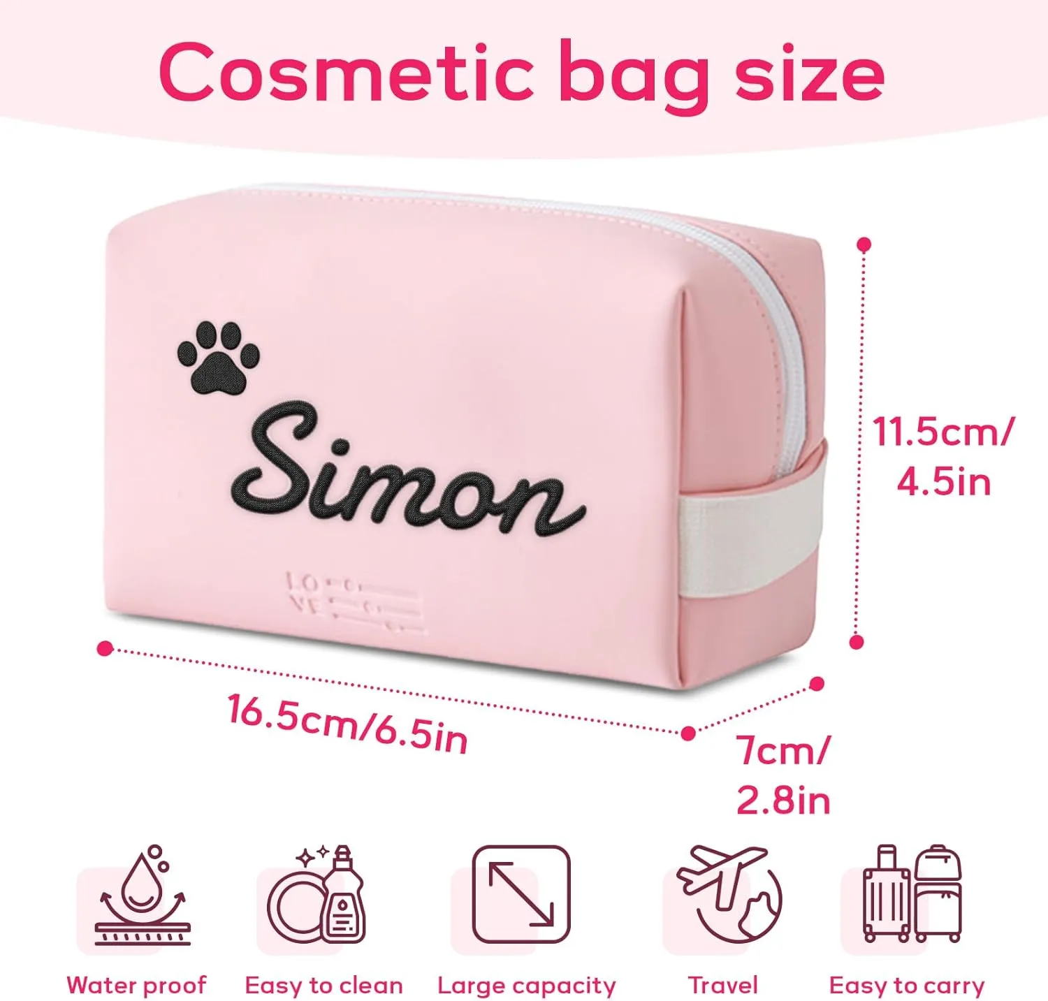 Personalized Makeup Bag, Custom Cosmetic Bag with Embroidered Name PU Leather Travel Organizer Toiletry Bag Make Up Bags, Gift for Bridesmaid Bride Wedding (Pink)