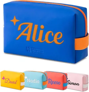 Personalized Makeup Bag, Custom Cosmetic Bag with Embroidered Name PU Leather Travel Organizer Toiletry Bag Make Up Bags, Gift for Bridesmaid Bride Wedding (Royal Blue)