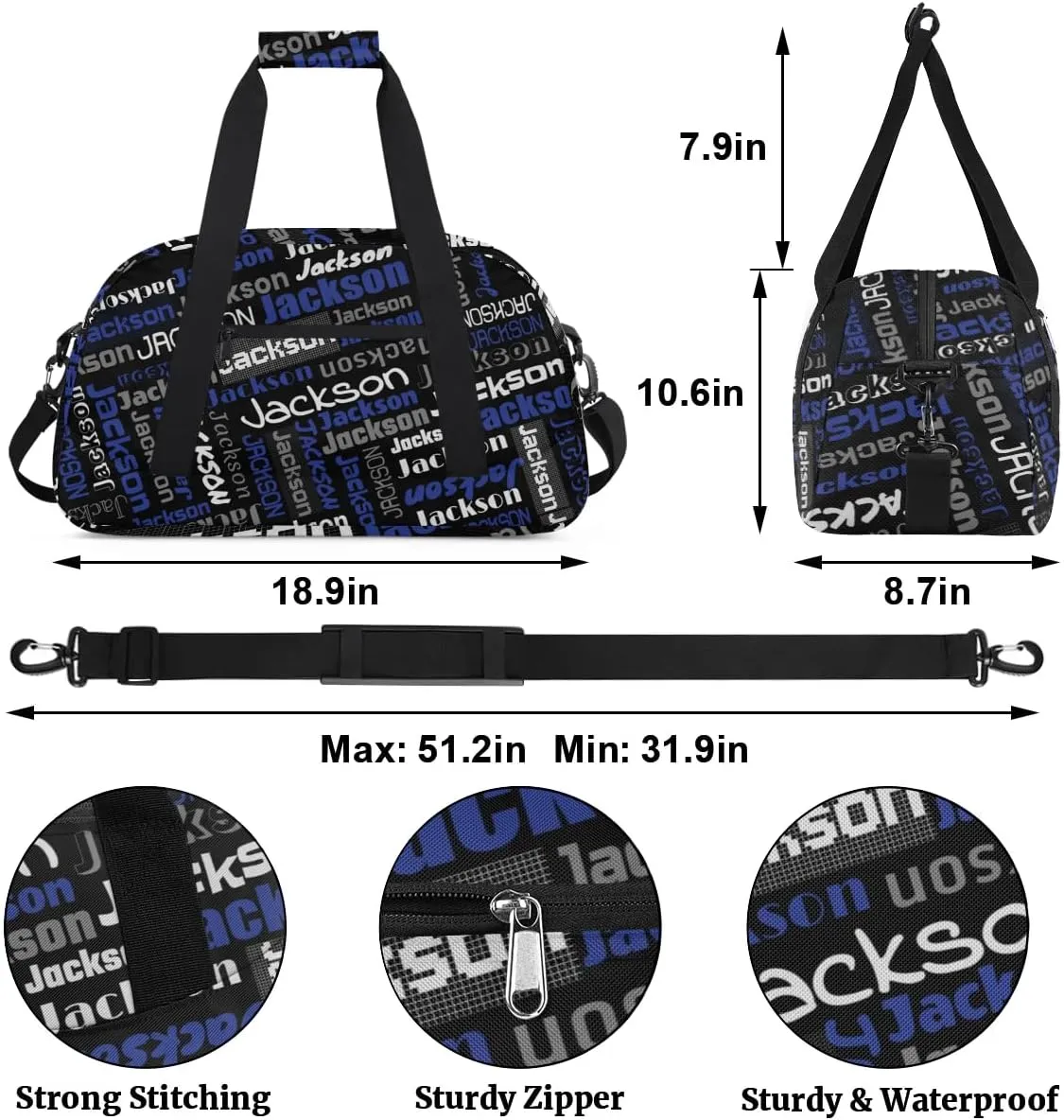 Personalized Name Gym Duffel Bags for Girls Kids Boys with Custom Sport Dance Perform Training Bags for Overnight Weekender Travel,Black Blue