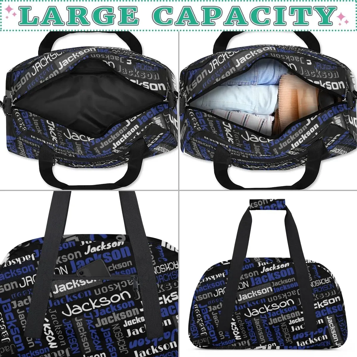 Personalized Name Gym Duffel Bags for Girls Kids Boys with Custom Sport Dance Perform Training Bags for Overnight Weekender Travel,Black Blue