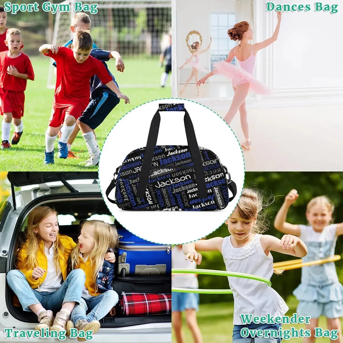Personalized Name Gym Duffel Bags for Girls Kids Boys with Custom Sport Dance Perform Training Bags for Overnight Weekender Travel,Black Blue