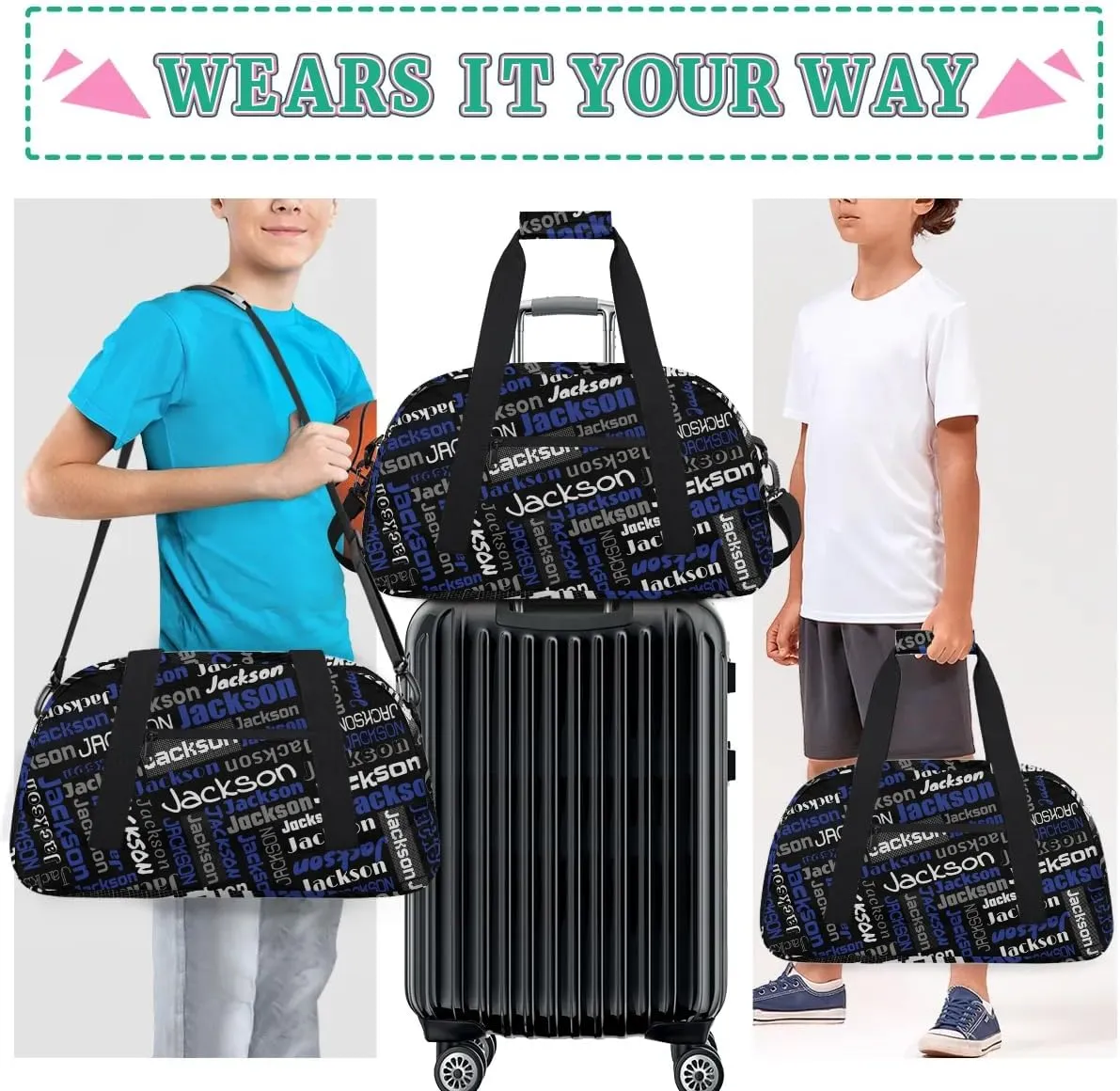Personalized Name Gym Duffel Bags for Girls Kids Boys with Custom Sport Dance Perform Training Bags for Overnight Weekender Travel,Black Blue