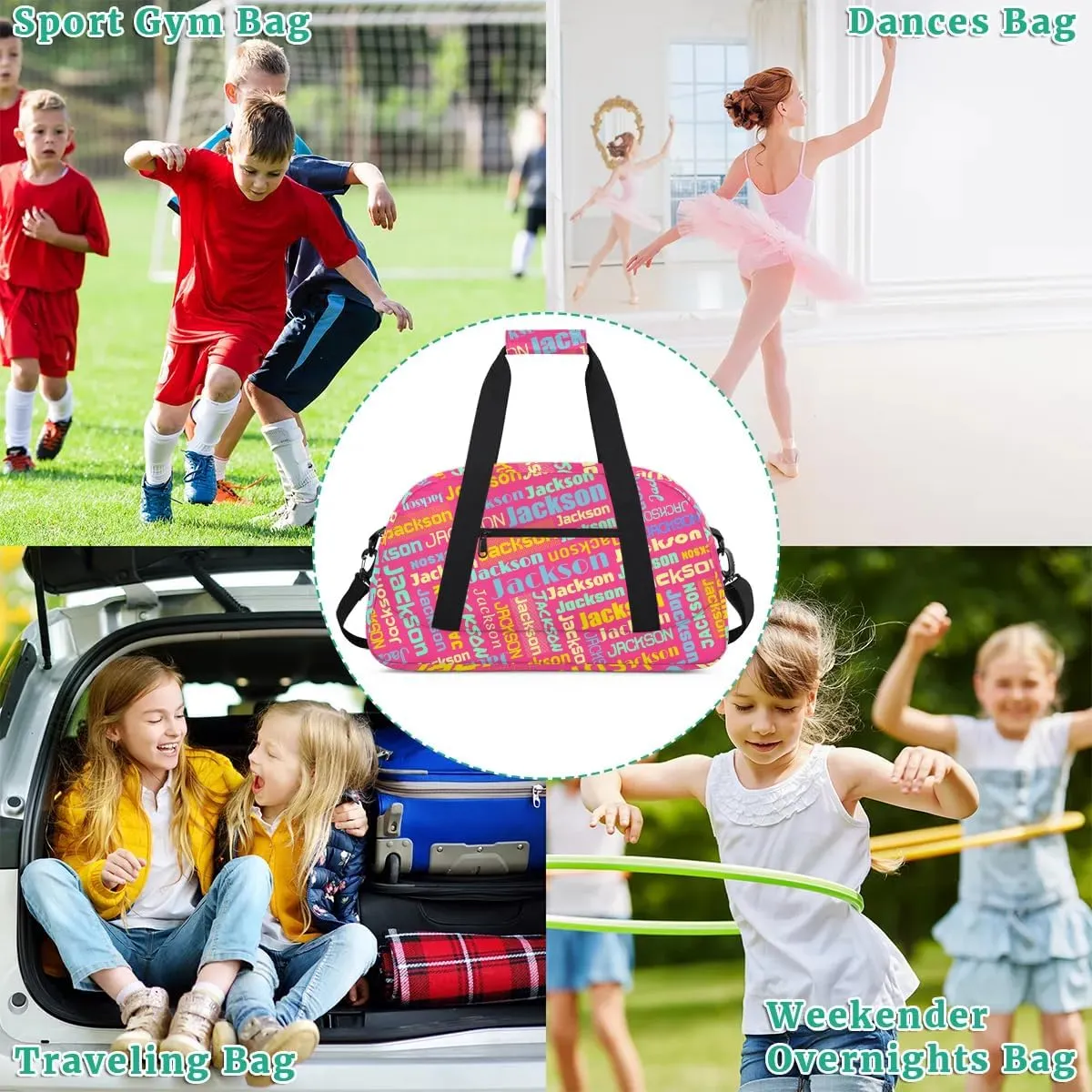 Personalized Name Gym Duffel Bags for Girls Kids Boys with Custom Sport Dance Perform Training Bags for Overnight Weekender Travel,Hot Pink