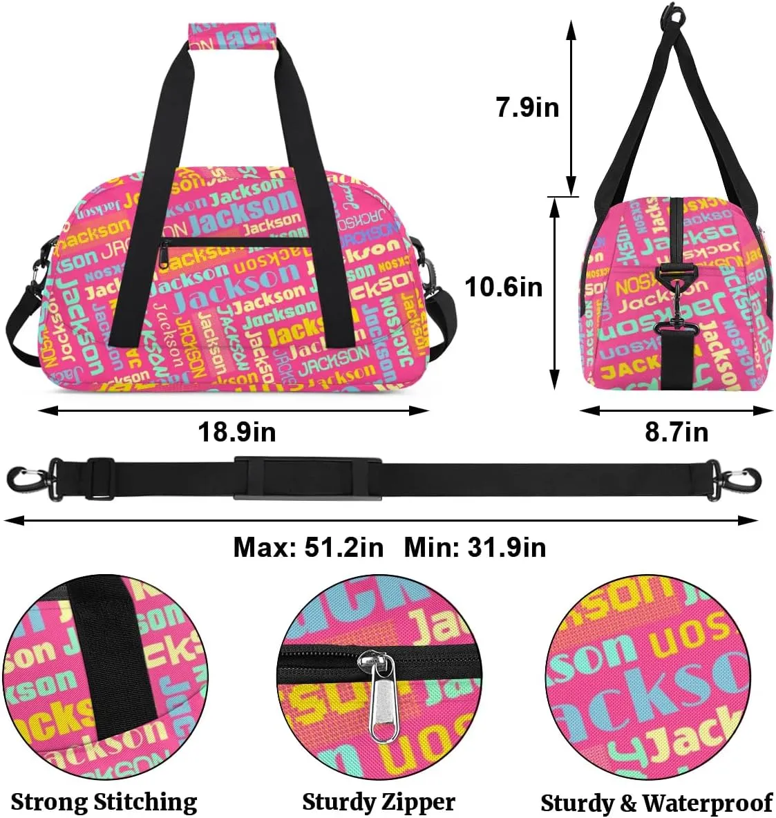 Personalized Name Gym Duffel Bags for Girls Kids Boys with Custom Sport Dance Perform Training Bags for Overnight Weekender Travel,Hot Pink