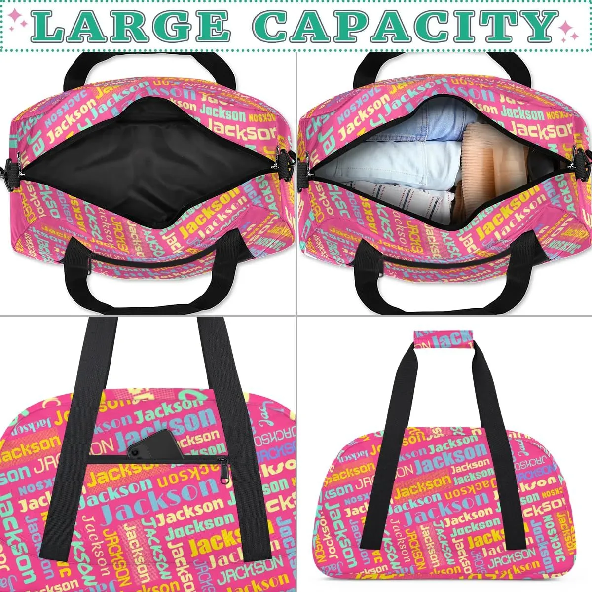 Personalized Name Gym Duffel Bags for Girls Kids Boys with Custom Sport Dance Perform Training Bags for Overnight Weekender Travel,Hot Pink