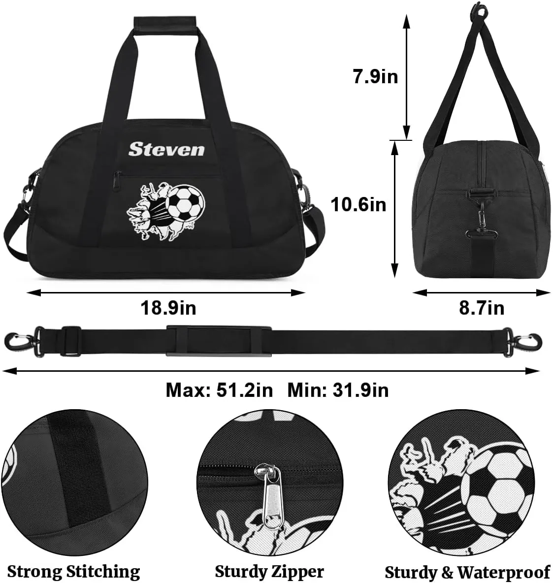 Personalized Soccer Gym Duffel Bags for Boys Kids Child Custom Name Sport Travel Bags Lightweight Weekenders Carry-On Overnight,Black