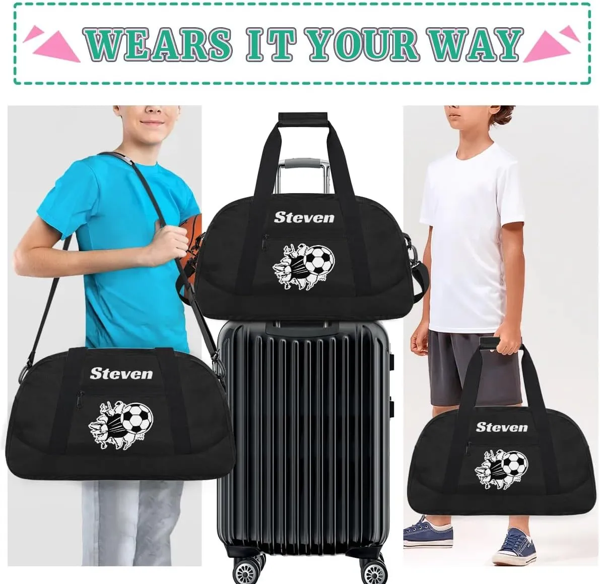 Personalized Soccer Gym Duffel Bags for Boys Kids Child Custom Name Sport Travel Bags Lightweight Weekenders Carry-On Overnight,Black