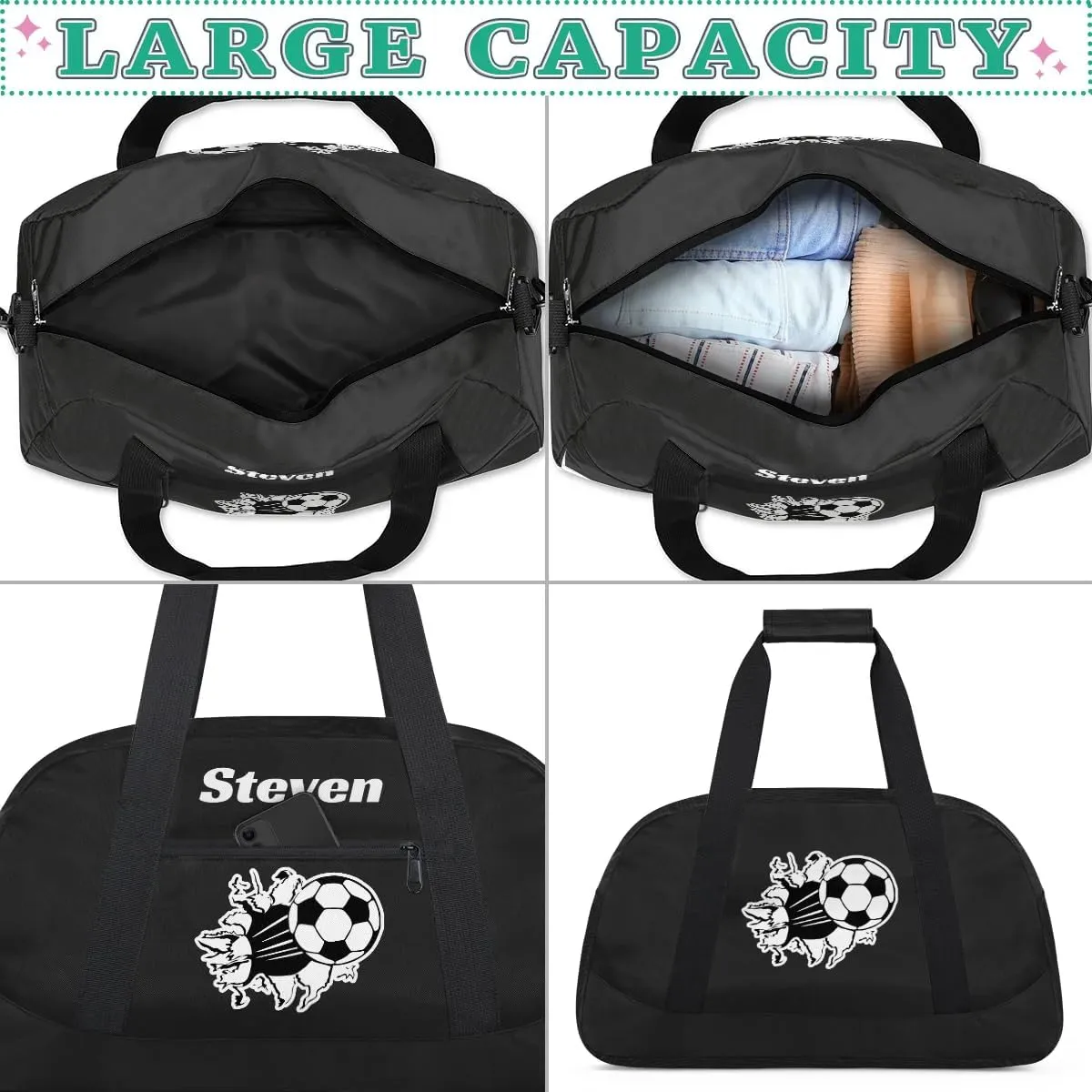 Personalized Soccer Gym Duffel Bags for Boys Kids Child Custom Name Sport Travel Bags Lightweight Weekenders Carry-On Overnight,Black
