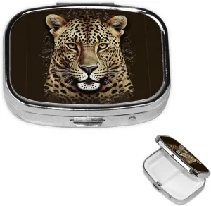 Pill Case with Mirror Retro 2 Compartment Pill Box Patterned Leopard Head Small Pill Organizer for Purse or Pocket Decorative Metal Medicine Vitamin Organizer Unique Gifts