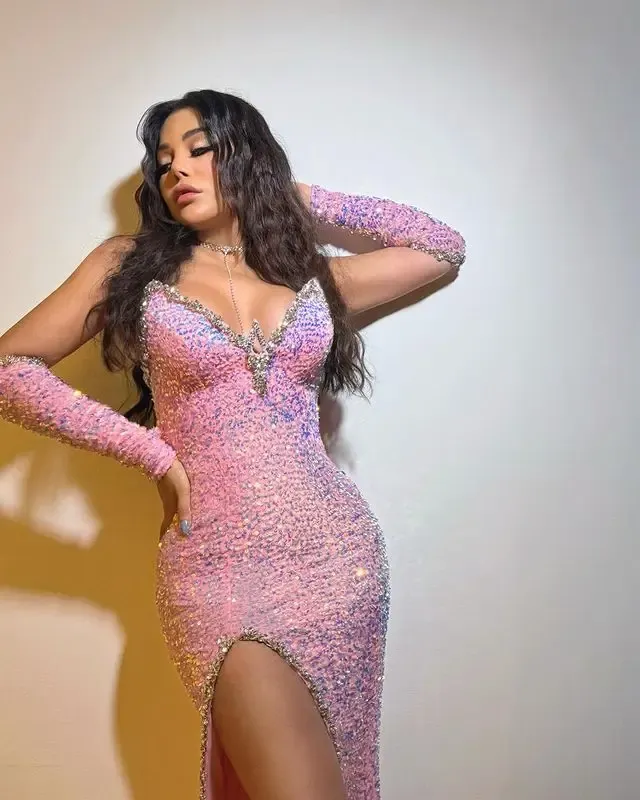 Pink African Aso Ebi Evening Dresses Mermaid V-neck Sequined Beaded Slit Formal Party Gown Prom Dresses For Black Girls