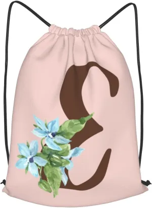 Pink Drawstring Bag for Women Girls Kids Teens Students Floral Initial Drawstring Backpack Sackpack Draw String Cinch Bags for Sports, Gym, Travel, Swimming, Beach, Camping, Letter E