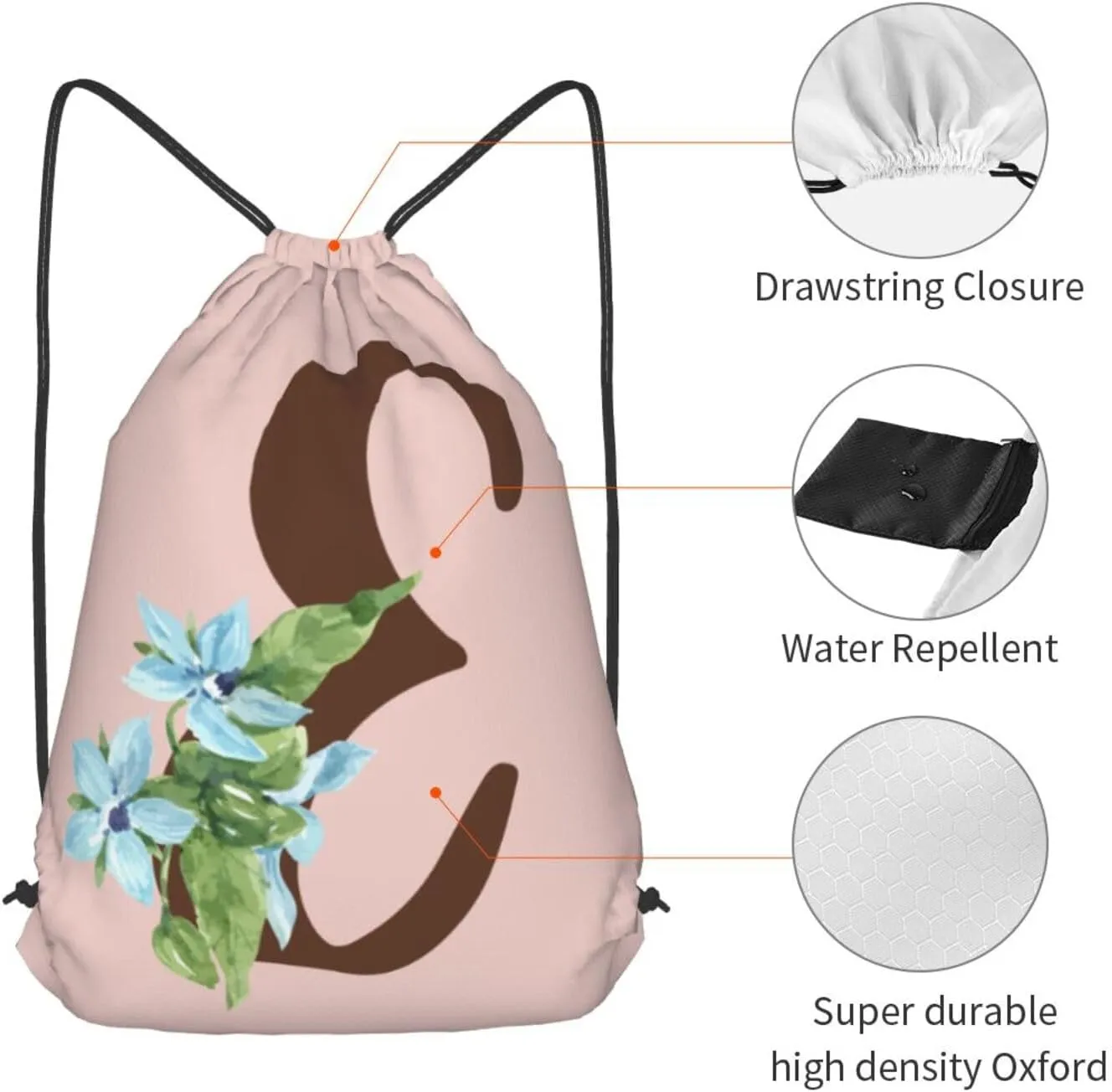 Pink Drawstring Bag for Women Girls Kids Teens Students Floral Initial Drawstring Backpack Sackpack Draw String Cinch Bags for Sports, Gym, Travel, Swimming, Beach, Camping, Letter E