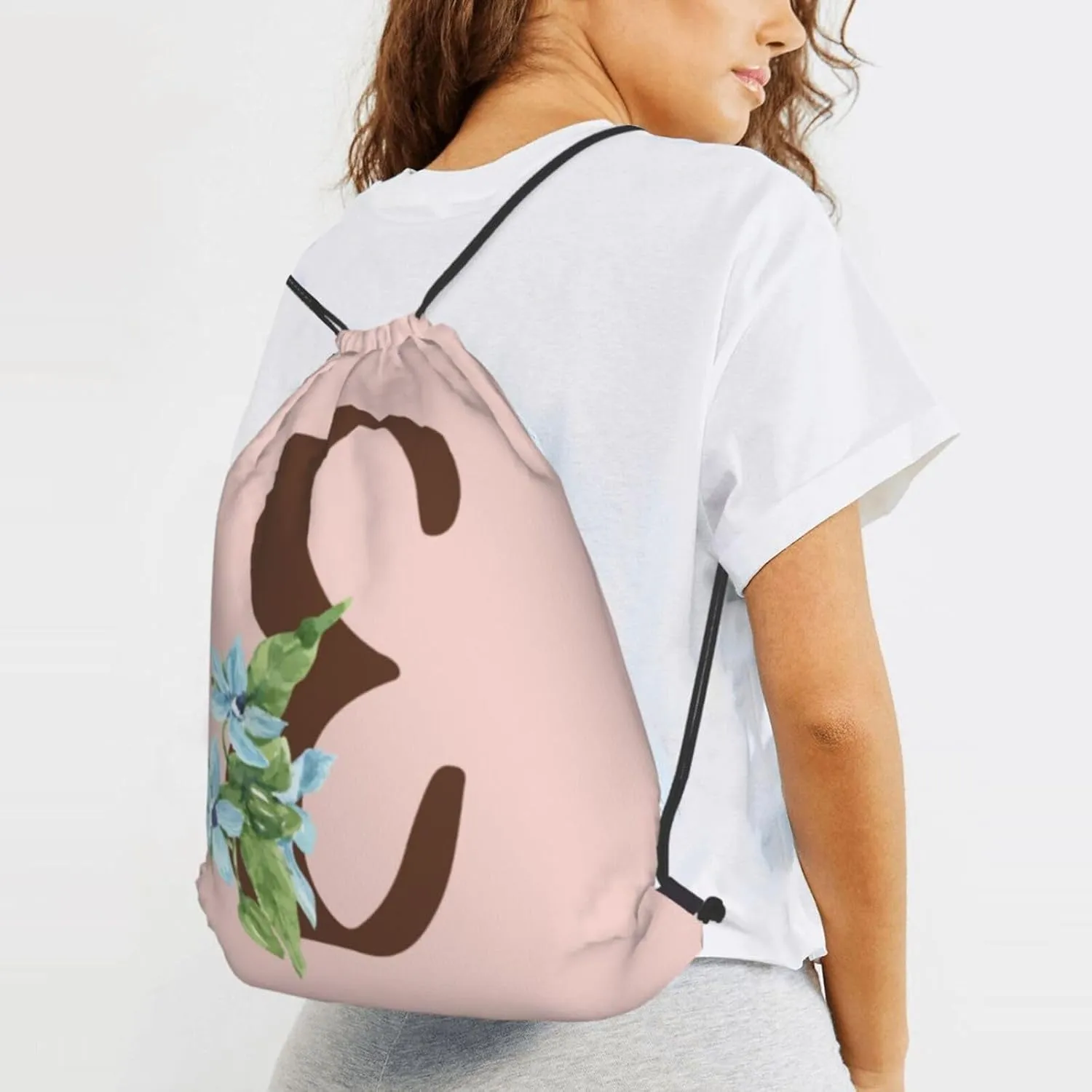 Pink Drawstring Bag for Women Girls Kids Teens Students Floral Initial Drawstring Backpack Sackpack Draw String Cinch Bags for Sports, Gym, Travel, Swimming, Beach, Camping, Letter E