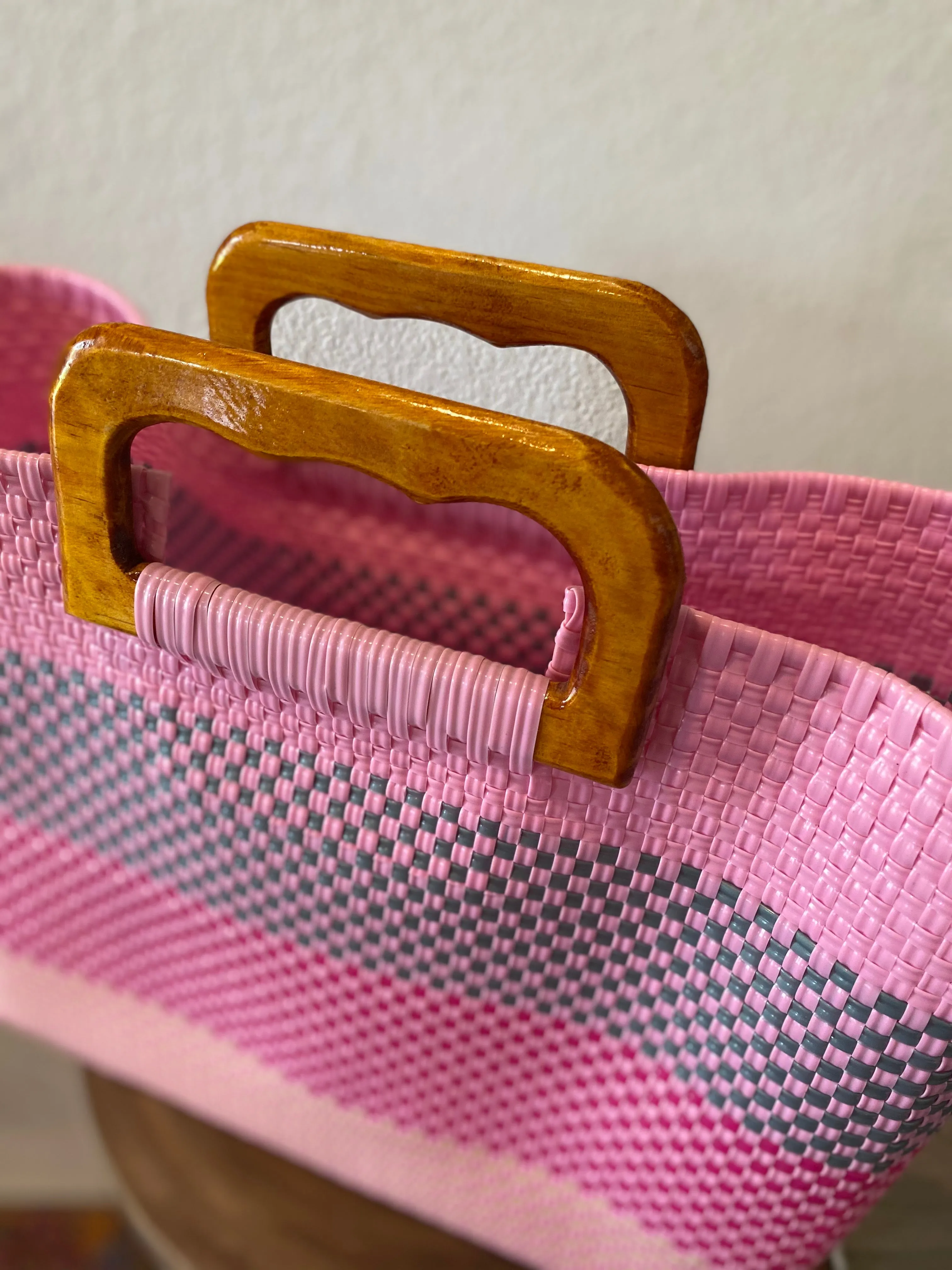 Pink Wood-Handled Woven Tote