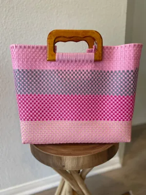 Pink Wood-Handled Woven Tote