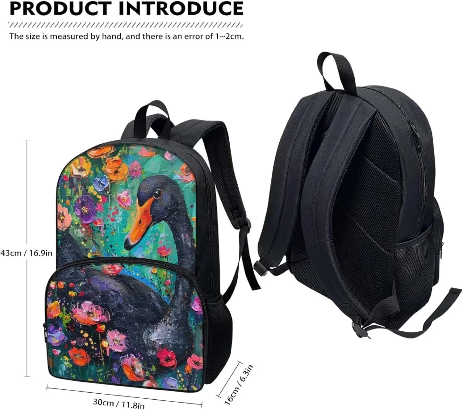 PinUp Angel Black Swan Print Kids Art Oil Painting Animal Patterned Backpack for Elementary Primary Middle School Bags for Teens Children Cute Book Bags Gifts