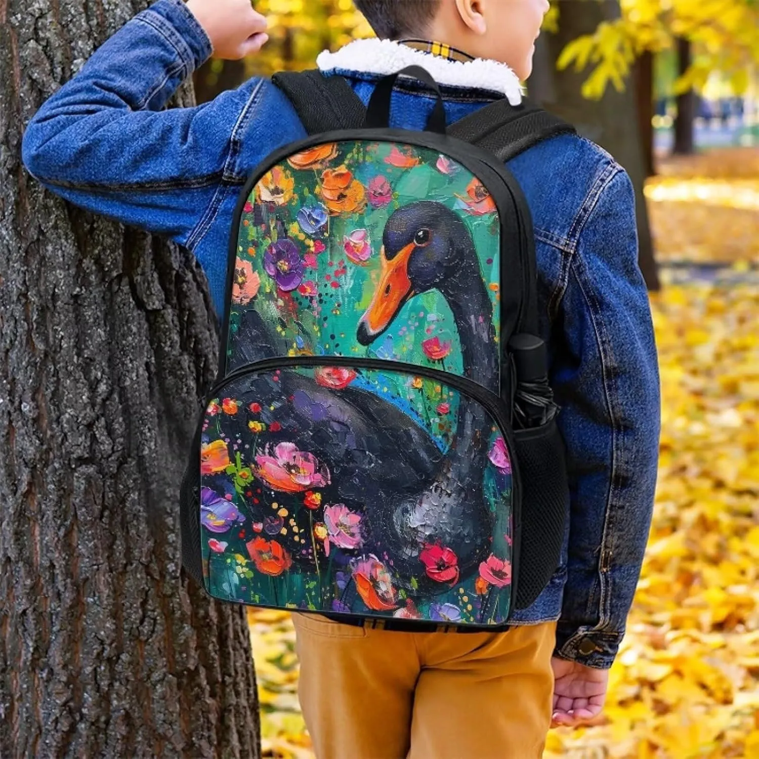 PinUp Angel Black Swan Print Kids Art Oil Painting Animal Patterned Backpack for Elementary Primary Middle School Bags for Teens Children Cute Book Bags Gifts
