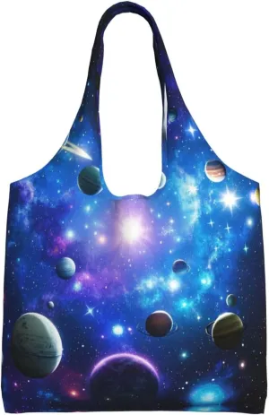 Planets Stars and Milky Way Galaxy Print Women's Canvas Handbag,Sturdy Cotton Handbag With Patterned Shoulder Bag