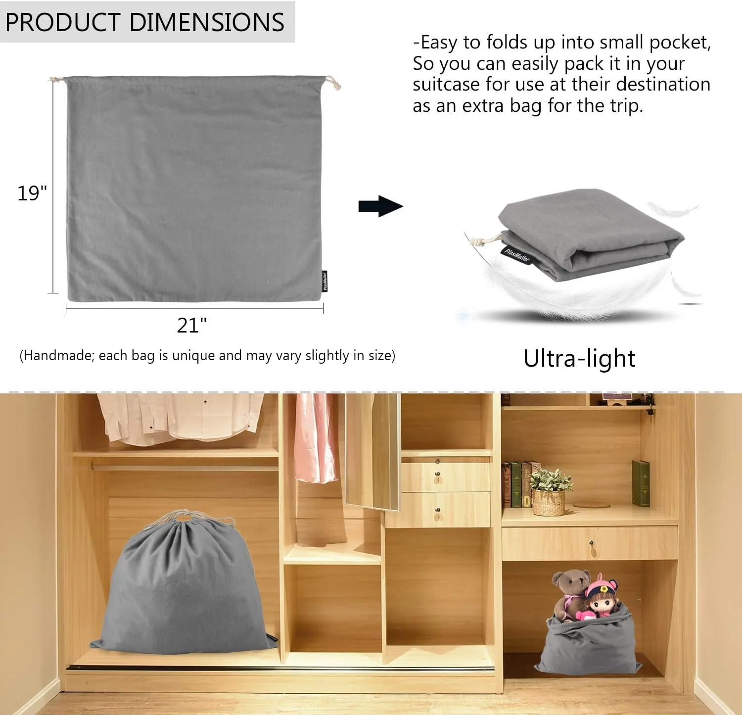 PlasMaller Dust Cover Storage Bags Purified 100% Cotton Flannel with Drawstring Pouch For Handbags Purses Pocketbooks Shoes Boots Set of 3 (Grey)