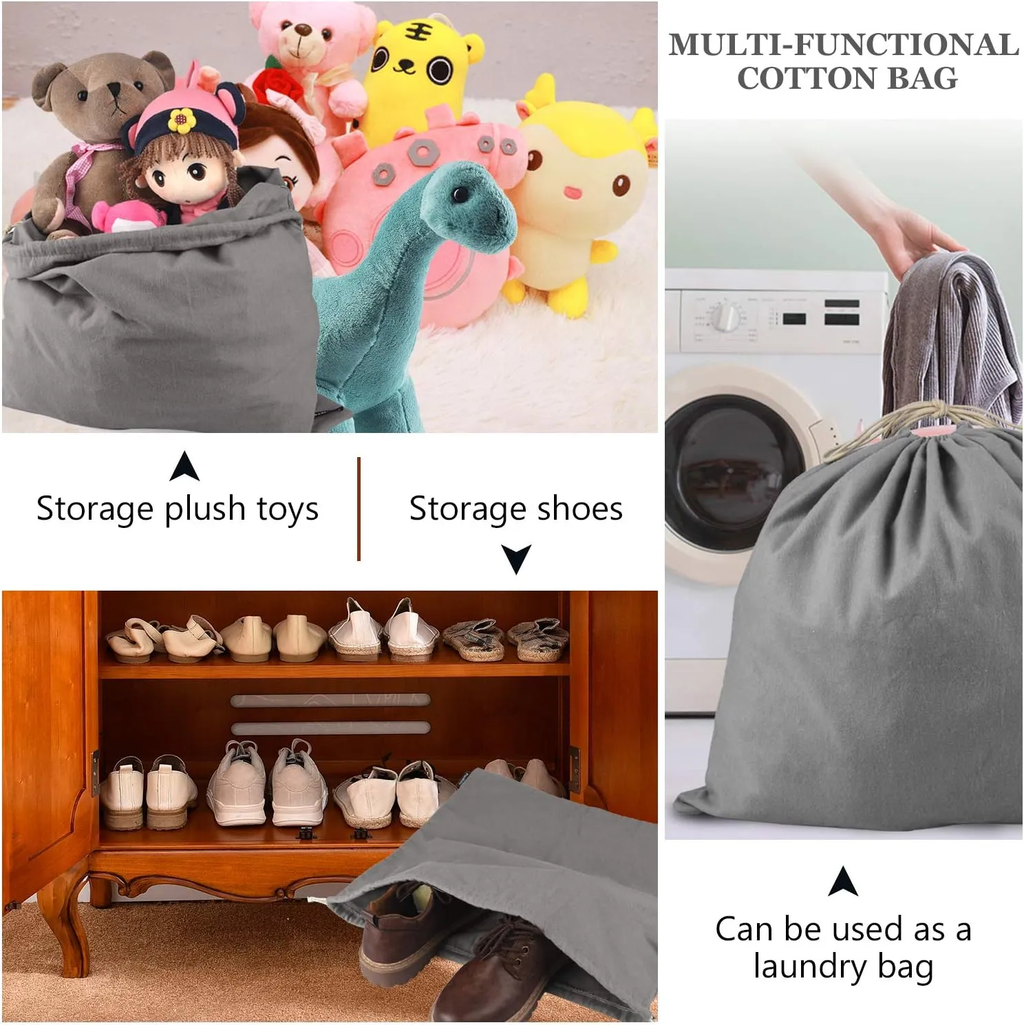 PlasMaller Dust Cover Storage Bags Purified 100% Cotton Flannel with Drawstring Pouch For Handbags Purses Pocketbooks Shoes Boots Set of 3 (Grey)