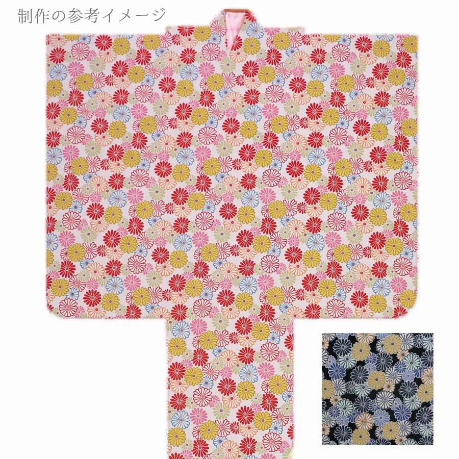 Polyester Chirimen Crepe Colorful Chrysanthemum Blooms Dark Navy (Length) 1＝0.25yard
