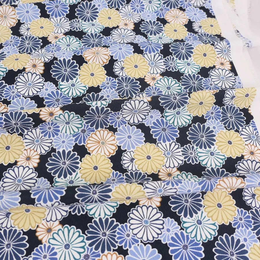 Polyester Chirimen Crepe Colorful Chrysanthemum Blooms Dark Navy (Length) 1＝0.25yard