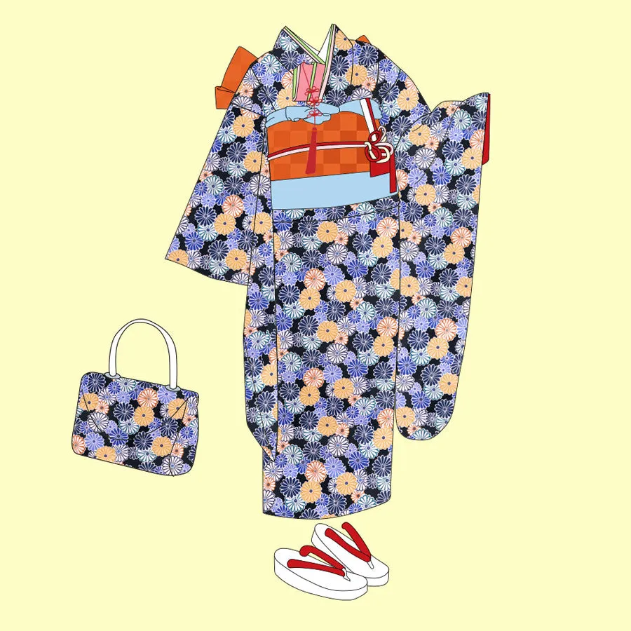 Polyester Chirimen Crepe Colorful Chrysanthemum Blooms Dark Navy (Length) 1＝0.25yard