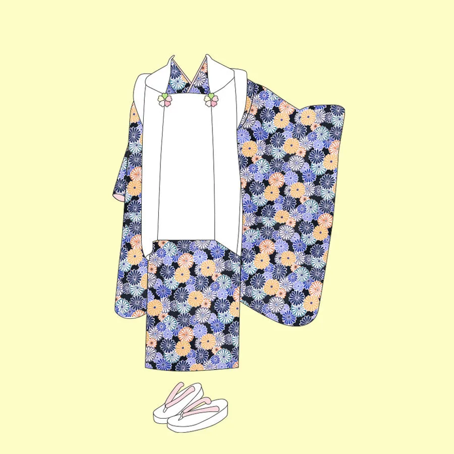 Polyester Chirimen Crepe Colorful Chrysanthemum Blooms Dark Navy (Length) 1＝0.25yard
