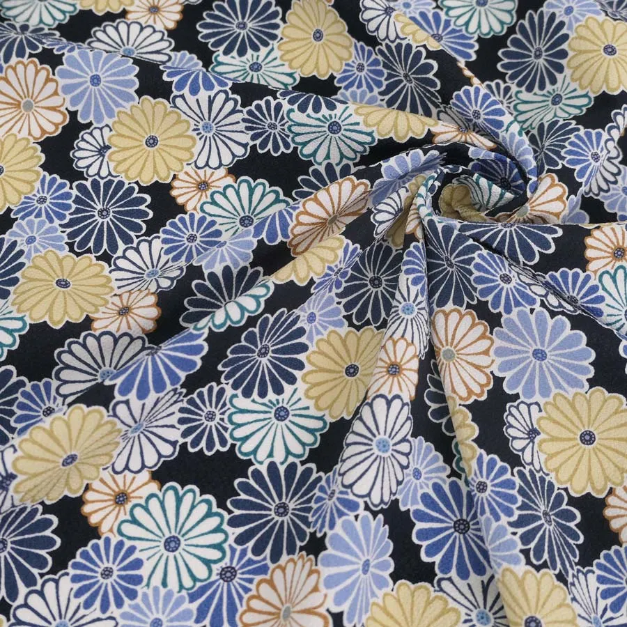 Polyester Chirimen Crepe Colorful Chrysanthemum Blooms Dark Navy (Length) 1＝0.25yard