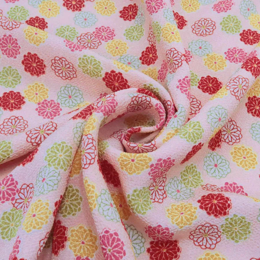 Polyester Chirimen Crepe Small Colorful Mums on Pink (Length) 1＝0.25yard