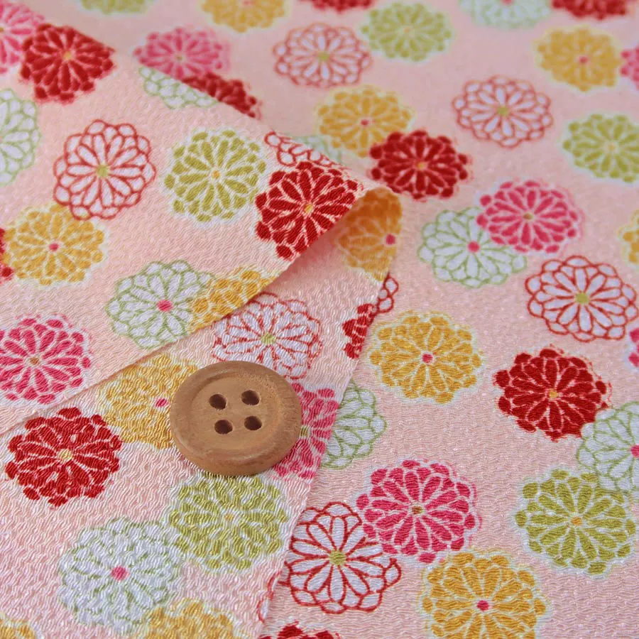 Polyester Chirimen Crepe Small Colorful Mums on Pink (Length) 1＝0.25yard