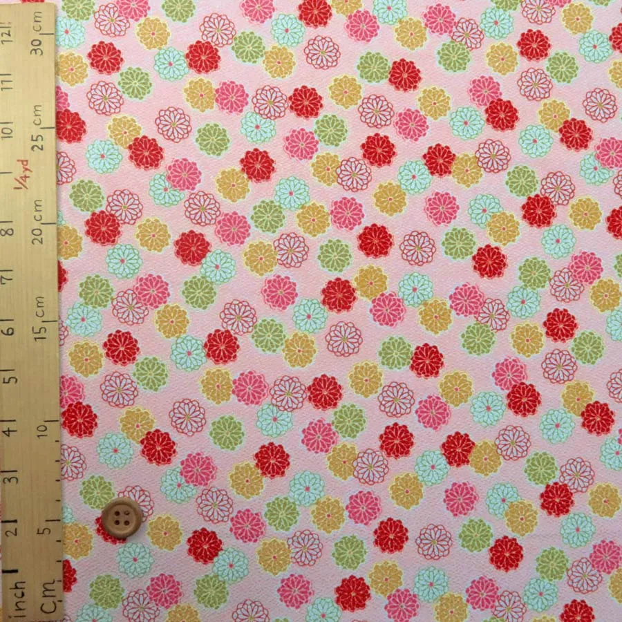 Polyester Chirimen Crepe Small Colorful Mums on Pink (Length) 1＝0.25yard
