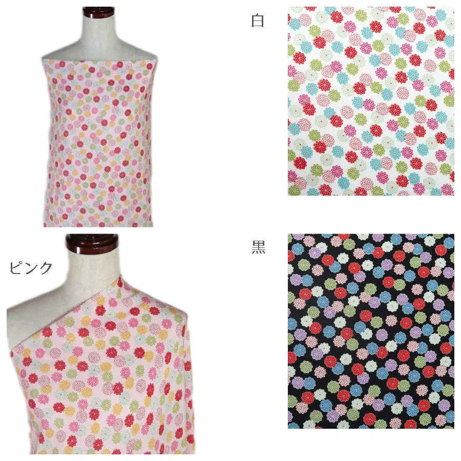 Polyester Chirimen Crepe Small Colorful Mums on Pink (Length) 1＝0.25yard
