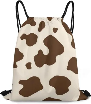 Portable Drawstring Bag for Women Men, Foldable Lightweight Backpack with Strap, Milk Cow Skin Print Large Capacity Sackpack Bags for Travel