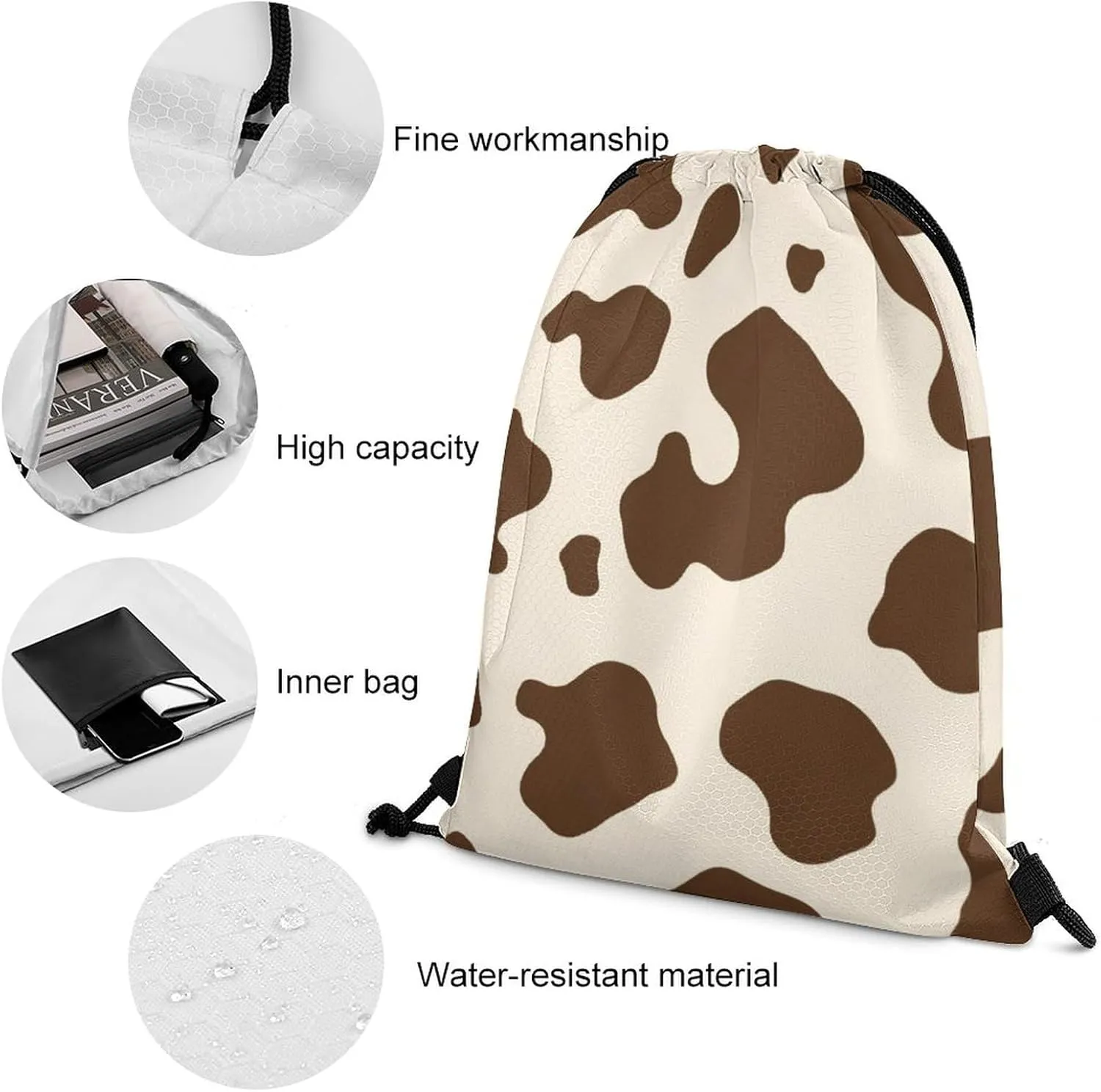Portable Drawstring Bag for Women Men, Foldable Lightweight Backpack with Strap, Milk Cow Skin Print Large Capacity Sackpack Bags for Travel