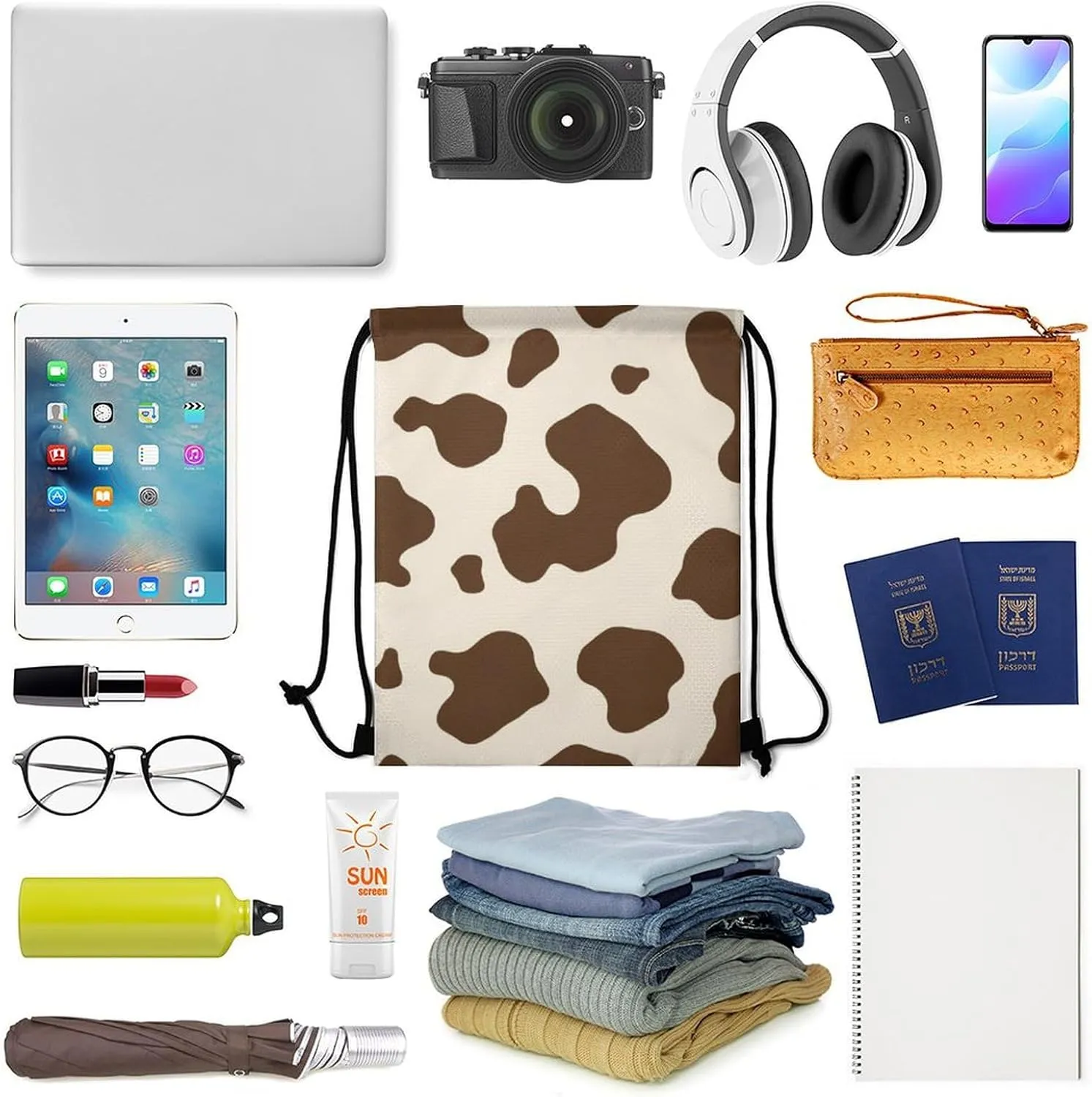 Portable Drawstring Bag for Women Men, Foldable Lightweight Backpack with Strap, Milk Cow Skin Print Large Capacity Sackpack Bags for Travel