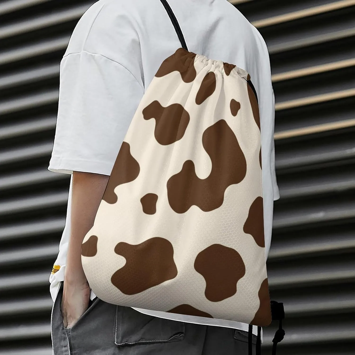 Portable Drawstring Bag for Women Men, Foldable Lightweight Backpack with Strap, Milk Cow Skin Print Large Capacity Sackpack Bags for Travel