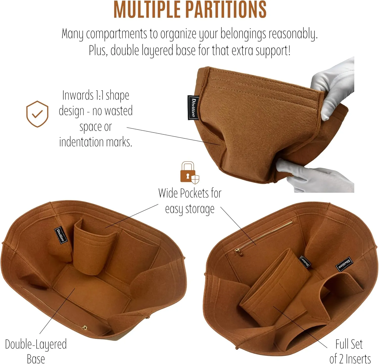 Premium Purse Organizer compatible with Cyme Bag Organizer - Handmade Purse Insert 2mm Felt, Perfect Fit for Mini/Large Tote, Snug Sturdy with Gold Zipper (Brown, For Large Cym*)