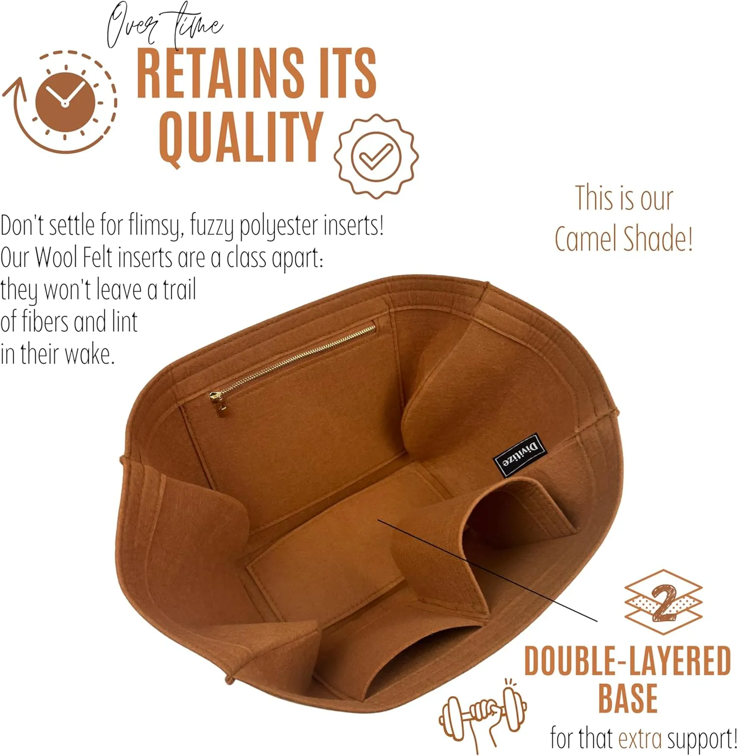 Premium Purse Organizer compatible with Cyme Bag Organizer - Handmade Purse Insert 2mm Felt, Perfect Fit for Mini/Large Tote, Snug Sturdy with Gold Zipper (Brown, For Large Cym*)