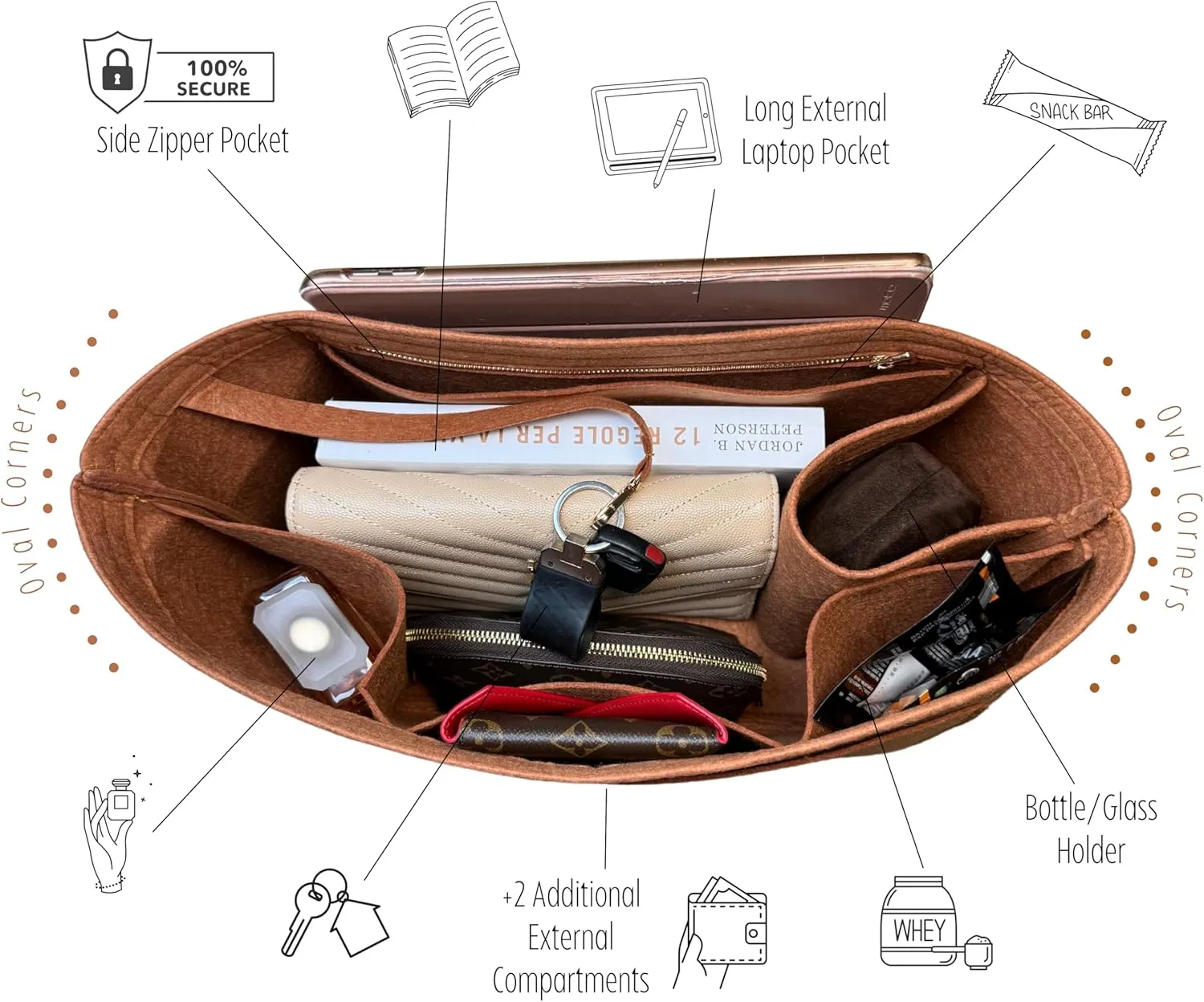 Premium Purse Organizer compatible with Ivy Leather Tote Organizer Insert - Handmade Oval Shaped 2mm Thick Felt Liner, Perfect fit, Tote S/L Bag Organizer (Cream, For Large Ivy Tote)