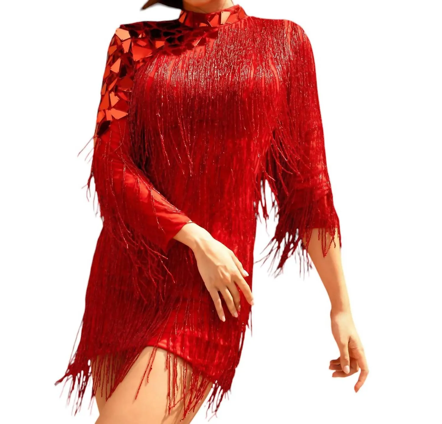 Primavera - High Neck Beaded Fringe Cocktail Dress