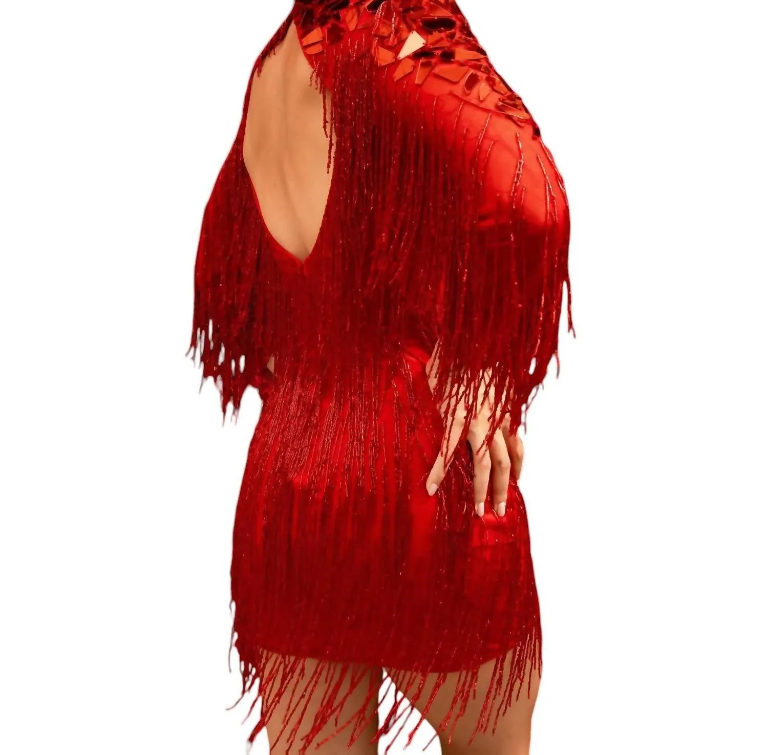 Primavera - High Neck Beaded Fringe Cocktail Dress