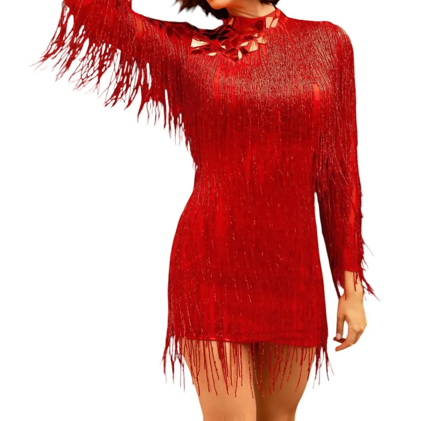 Primavera - High Neck Beaded Fringe Cocktail Dress