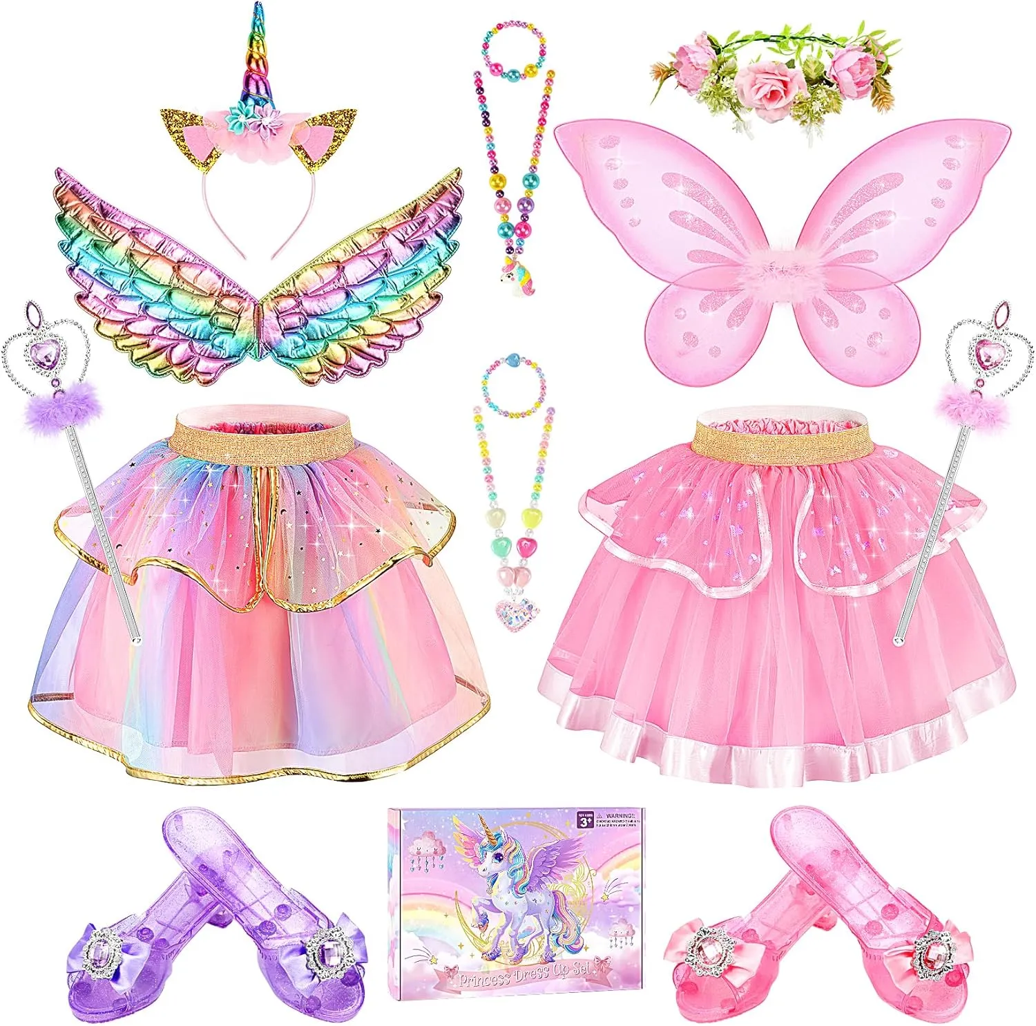 Princess Dress Up for Girls 4-6 Toddler Dress Up Clothes with Tutu, Wings, Shoes, Jewelry, Headband Girls Toys for Ages 3-6 year old Christmas Halloween Birthday Gift Toys