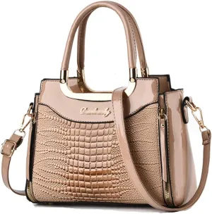PU Patent Leather Handbags for Women Crocodile Pattern Purses Satchel Handbag Shoulder Crossbody Bag Medium Tote Bag