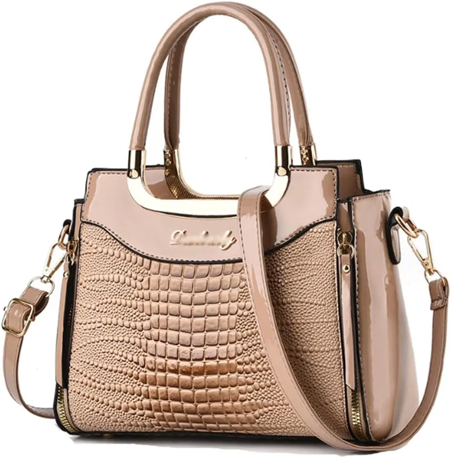 PU Patent Leather Handbags for Women Crocodile Pattern Purses Satchel Handbag Shoulder Crossbody Bag Medium Tote Bag